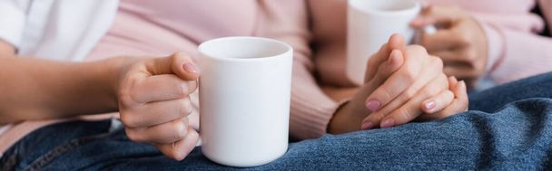 cropped view of girlfriends holding cups of tea in living room, banner - Foto, Bild