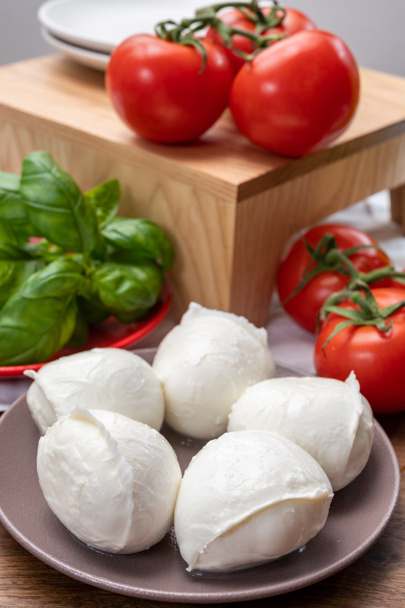 Collection de fromages, petites boules de mozzarella fraîches blanches molles servies avec tomates rouges et basilic vert frais d'Italie close up - Photo, image
