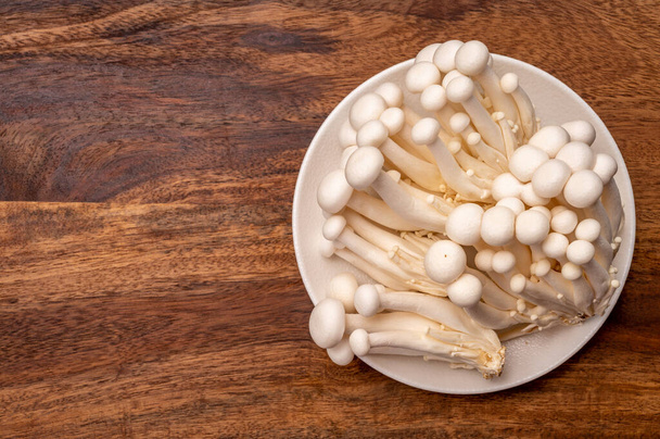 Белые и коричневые шимеджи съедобные грибы родом из Восточной Азии, buna-shimeji широко культивируется и богат умами дегустации соединений - Фото, изображение