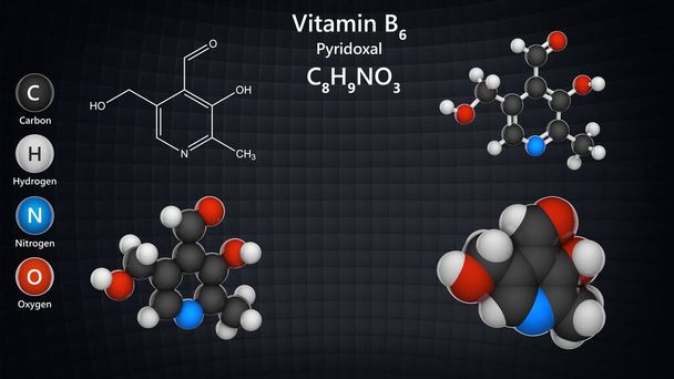 ビタミンB6 (Pyridoxal)の分子構造。3Dイラスト。化学構造モデル:ボールとスティック+ボール+空間充填. - 写真・画像