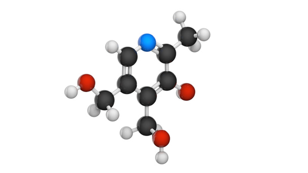 ビタミンB6 (Pyridoxine)の分子構造。Pyridoxolとも呼ばれる。3Dイラスト。化学構造モデル:ボールとスティック。白地に隔離された. - 写真・画像