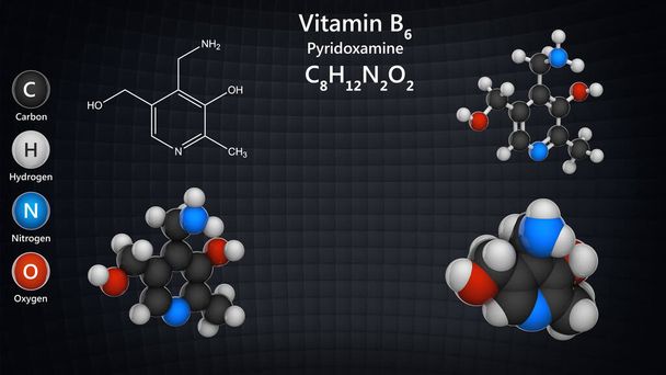 ビタミンB6 (Pyridoxamine)の分子構造。3Dイラスト。化学構造モデル:ボールとスティック+ボール+空間充填. - 写真・画像