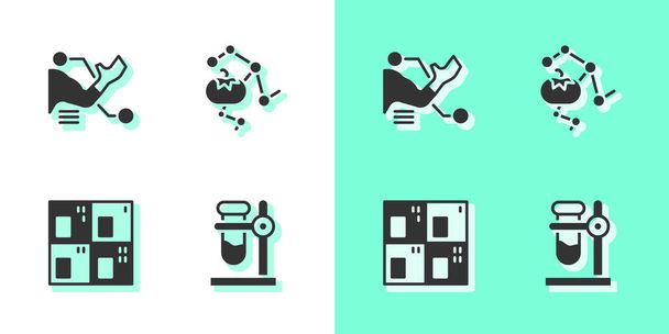 Set Test tube flask on stand, Prosthesis hand, Periodic table and Genetically modified food icon. Vector. - Vector, Image