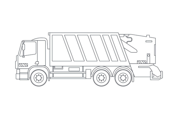 Müllwagen stehen Schlange. Moderne flache Vektor-Illustration. Vorlage für soziale Medien. - Vektor, Bild