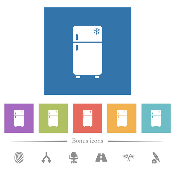Kühlschrank mit Gefrierfach flache weiße Symbole in quadratischem Hintergrund. 6 Bonussymbole enthalten. - Vektor, Bild