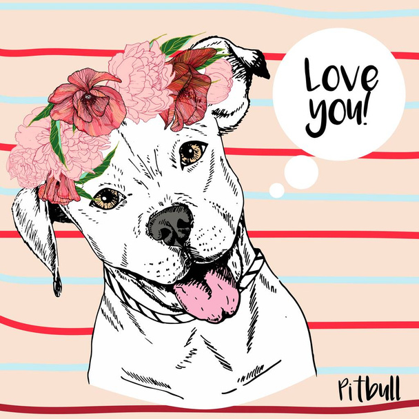Vector close-up portret van pitbull meisje, het dragen van de bloemkrans. Handgetekend huisdier hond illustratie. Geïsoleerd op neutrale achtergrond met rode en blauwe strepen.  - Vector, afbeelding