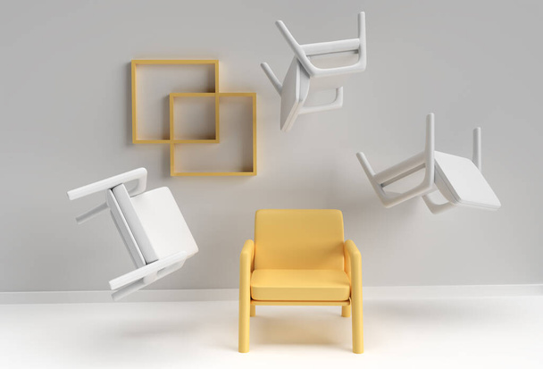 Yellow chair standing out from the crowd. Business concept. 3D rendering Design. - Foto, Imagem