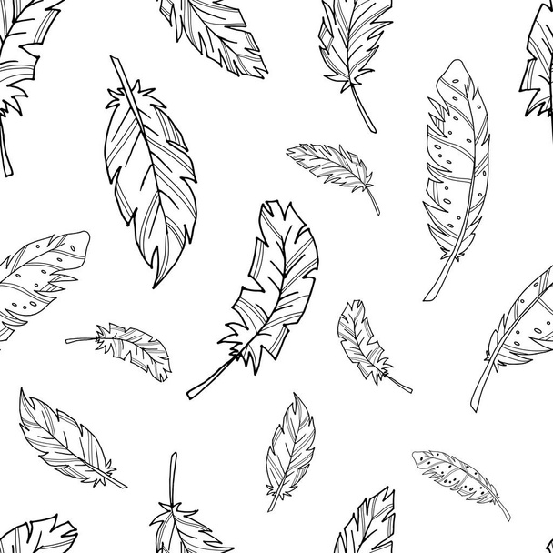 Seamless pattern with contoured feathers. Vector background. Stock vector illustration. Feathers. Black outline on a white background. - Διάνυσμα, εικόνα