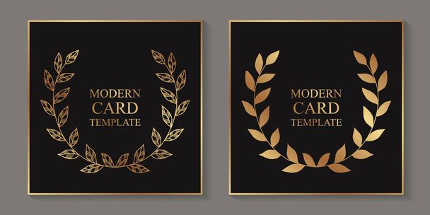 Conjunto de dos modernas plantillas de tarjetas de lujo para negocios o presentación con corona de laurel dorado o corona sobre fondo negro. - Vector, Imagen