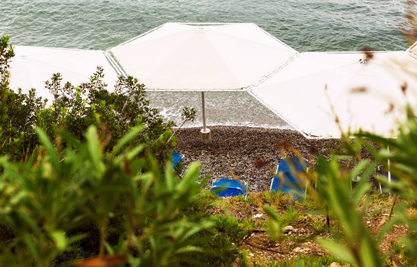 Çakıl taşlı plajda insanların olmadığı plaj şemsiyeleri. - Fotoğraf, Görsel