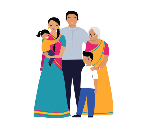 Família Indiana. Três gerações de família. Conjunto de pessoas em roupas tradicionais nacionais - Vetor, Imagem