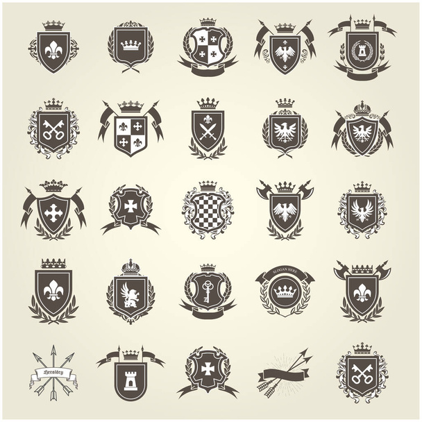 Medieval royal coat of arms, knight emblems, heraldic shield crest and blazons set, vector - Вектор, зображення
