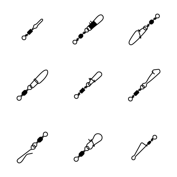 Fishing accessories, set of various fishing snaps hooked with swivels. Black silhouettes on a white background, vector illustration. - Vector, Image
