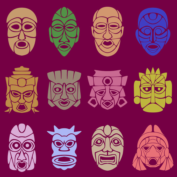 Fond d'écran d'un ensemble de douze masques païens. Les visages de divers dieux, esprits et autres êtres mystiques. Illustration vectorielle. - Vecteur, image