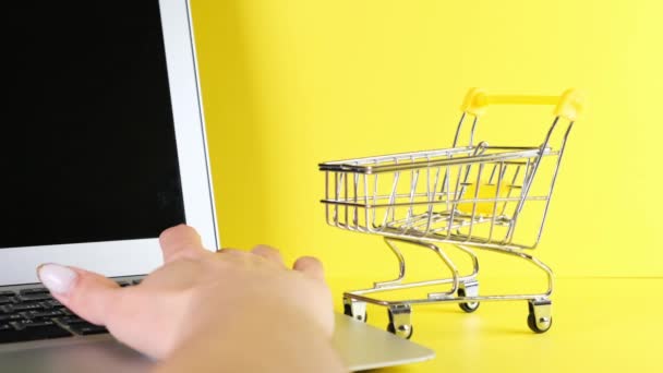 winkelmandje naast een laptop op een gele achtergrond. Begrepen, ruimte. Online winkelen concept. - Video