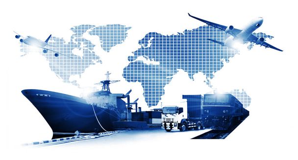 Мировой логистический фон или транспортировка Промышленность или судоходство, Контейнерные перевозки грузов, доставка грузовых автомобилей, самолеты, импортный экспорт Концепция - Фото, изображение