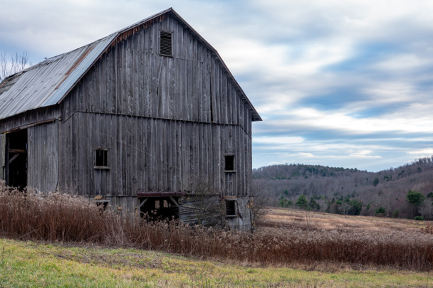 An old barn standing in a field of weeds under a cloudy sky. - Photo, Image