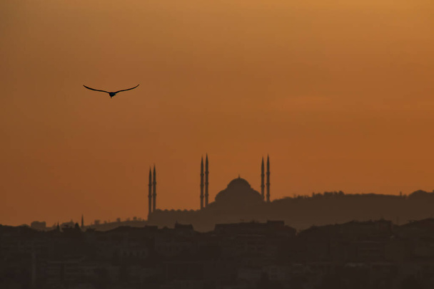 sunrise and camlica mosque silhouette in istanbul - Vector, Image
