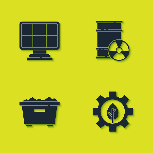 Set Solar energy panel, Leaf plant in gear machine, Trash can and Radioactive waste barrel icon. Vector. - Vector, Image