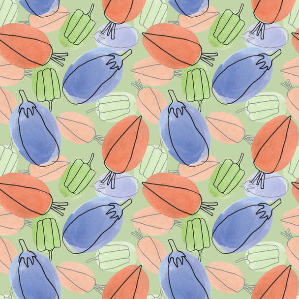 Seamless pattern with vegetables in the style of linart on a green background.  - Foto, afbeelding
