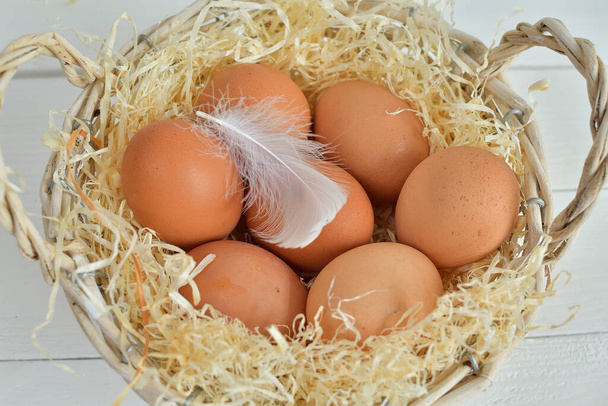 cesta con huevos orgánicos sobre fondo blanco.Huevo de Pascua. Composición de primavera. De cerca. Foco Srlrctivo - Foto, Imagen