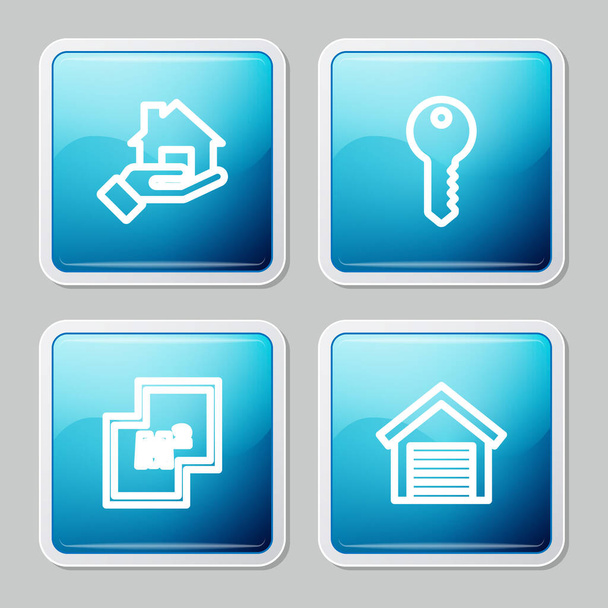 Establecer línea de bienes raíces, llave de la casa, plan y el icono del garaje. Vector - Vector, Imagen