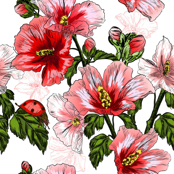 Seamless pattern with red Hibiscus flowers and ladybird - Vektori, kuva