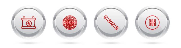 Set line Car battery, Alloy wheel, chain and Gear shifter. Silver circle button. Vector - Vector, Image