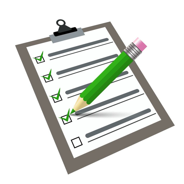 Vector checklist and pen writing on a clipboard. Signs contract document. Green pen and green tick on clipboard in a 3d style. To do list concept. Business financial or contract agreement in isometric style. - Vector, Image