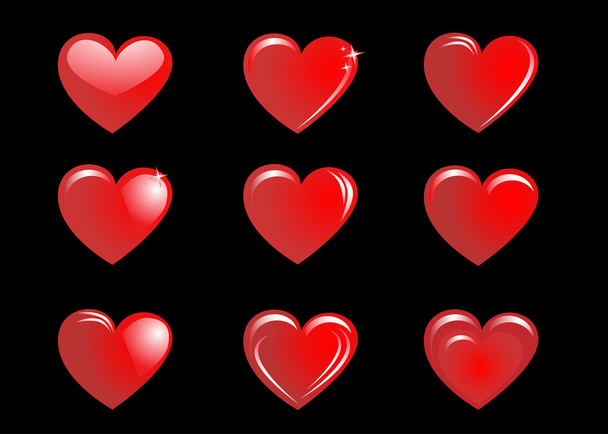 Red hearts on a black background, collection - Vector, Image