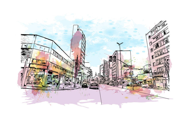 Print Building view with landmark of Duque de Caxias is the city in Brazil. Watercolour splash with hand drawn sketch illustration in vector. - Vector, Image