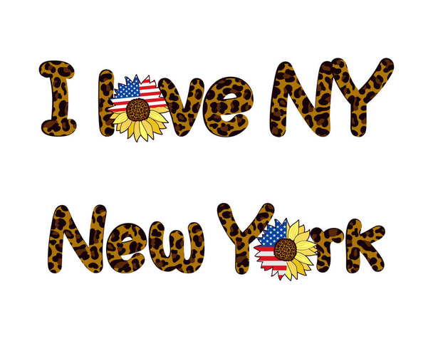 La palabra Nueva York y su abreviatura, decoradas con un estampado de leopardo y decoradas con una flor de girasol con la bandera de Estados Unidos. Diseño de moda - Vector, Imagen