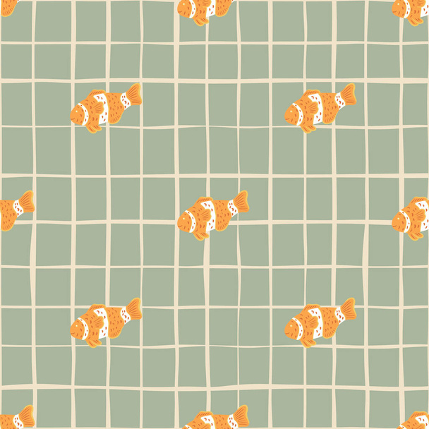 Minimalistic style seamless pattern with orange clown fish elements. Grey chequered background. Doodle style. Designed for fabric design, textile print, wrapping, cover. Vector illustration. - Vector, Image