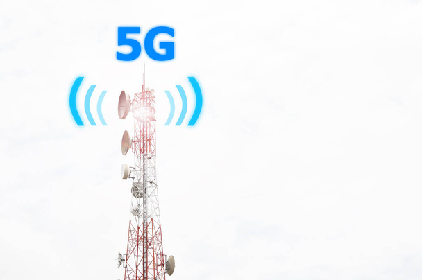 Telecommunication tower with 5G cellular network antenna on white sky background - Photo, Image