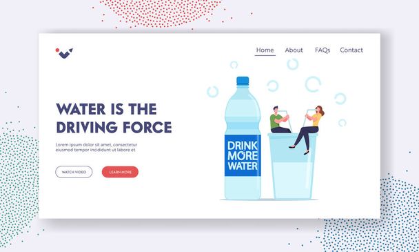 Healthy Lifestyle, Pure Aqua Refreshment Landing Page Template. Characters Sitting with Straws on Glass with Fresh H2O - Vector, Image
