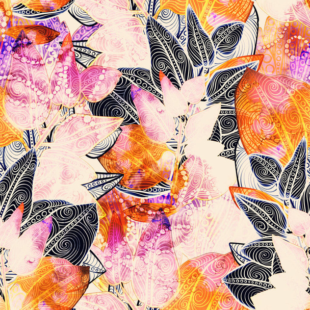 Ornamentale Doodle-Blüten nahtloses Muster. Digitale Linien handgezeichnetes Bild mit aquarellfarbener Textur. Gemischte Medienkunst. Endloses Motiv für textile Dekoration und natürliches Design. - Foto, Bild