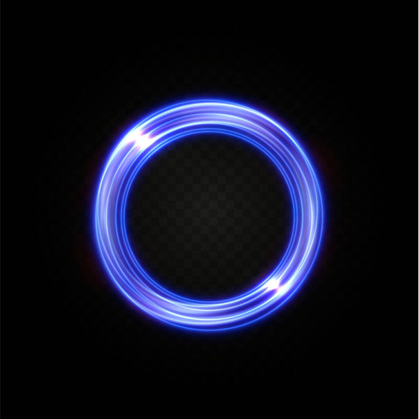 Líneas de luz vectorial azul abstracta girando en espiral. Simulación ligera del movimiento de la línea. Huella de luz desde el anillo. Podio iluminado para productos promocionales. - Vector, Imagen