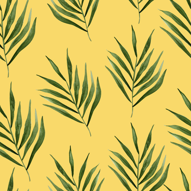 Palm branches on sand watercolor seamless pattern. Template for decorating designs and illustrations. - Zdjęcie, obraz