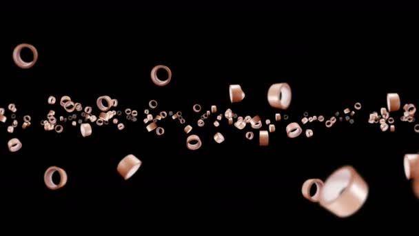 Flying many rolls of packing tapes on black background. Adhesive paper tape. 3D loop animation of duct tape rotating. - Footage, Video