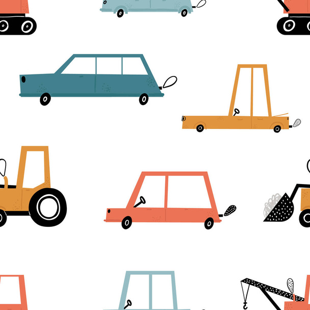 Vector hand-drawn color seamless repeating children simple pattern with cute cars in Scandinavian style on a white background. Childrens pattern with cars. Transport. Road - Vector, Image