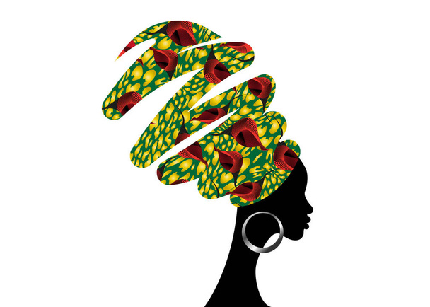 Ritratto Donna africana in turbante. Copricapo Shenbolen Ankara. Afro ragazza in tradizionale foulard Headtie. Colorful testa Kente avvolge trama di design del tessuto di cera africana. Vettore isolato su sfondo bianco - Vettoriali, immagini