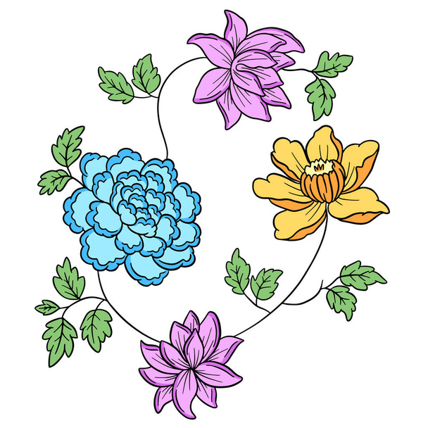 Vector Line Τέχνη Floral Λουλούδια Tattoo Style για Valentines - Διάνυσμα, εικόνα