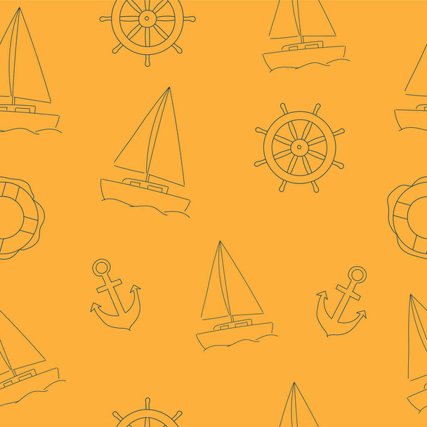 Seamless pattern with sailboat, anchor and steering wheel on yellow background - Vector, Image