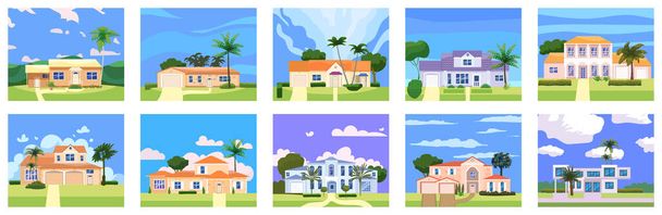 Set Residential Home Buildings in landscape tropic trees, palms. House exterior facades front view architecture family cottages houses or mansions apartments, villa. Suburban property - Vector, Image