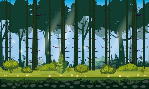 безшовний лісовий пейзаж горизонтальний фон для ігор додатків, дизайну. Природні ліси, дерева, кущі, флора, вектор
 - Вектор, зображення