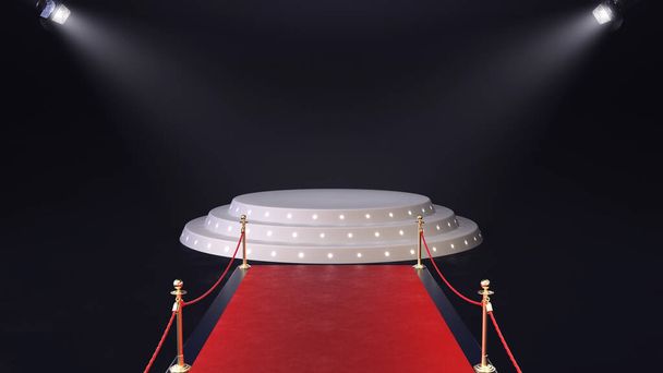 3D рендеринг красной дорожки с подиумом и светящиеся прожекторы - Фото, изображение