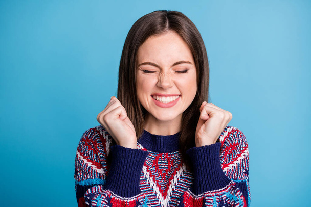 Portrait of attractive glad cheerful girl enjoying great news isolated over bright blue color background - Φωτογραφία, εικόνα