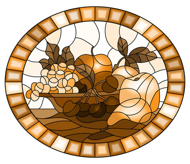 Illustration en vitrail avec nature morte, fruits et baies dans un bol, image ovale dans un cadre lumineux, monochrome, ton brun - Vecteur, image