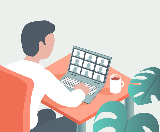 The man sits in front of a laptop and communicates via video. Video conference with colleagues or friends. Vector isometric close up illustration - Vector, Image