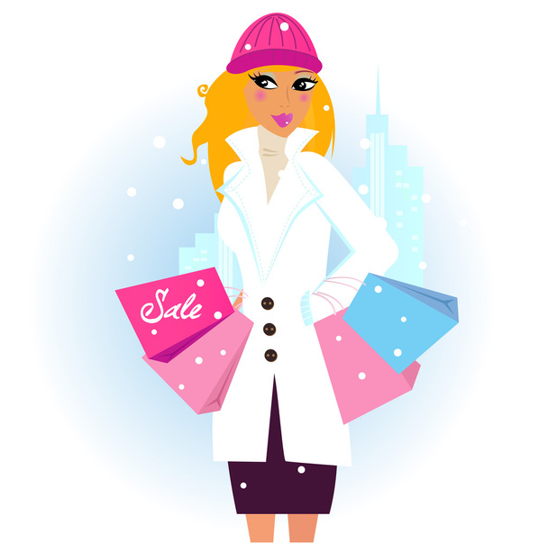 Vector illustration of winter woman with shopping bags. Vector Illustration. - Vektori, kuva